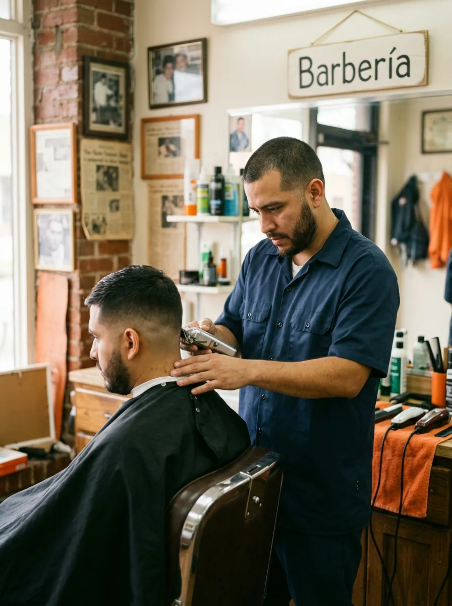 Barbero latino haciendo un corte en su barbería
