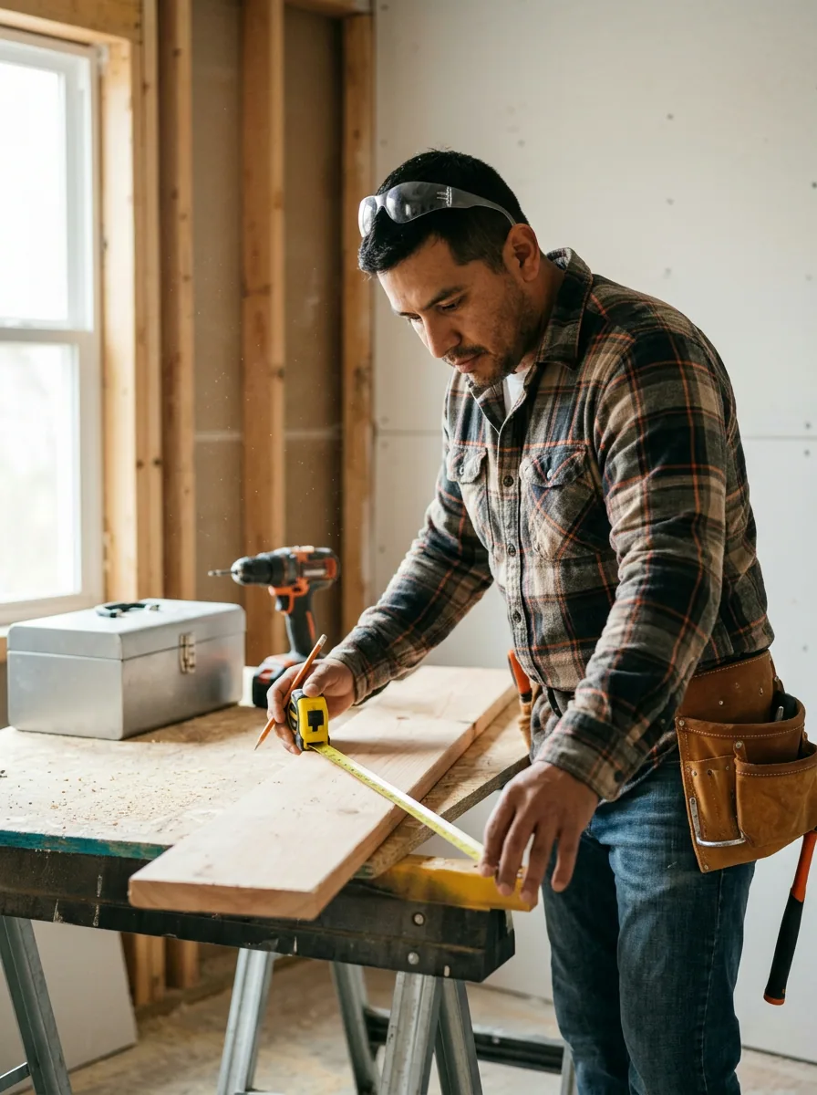 Contratista latino midiendo una tabla en una remodelación