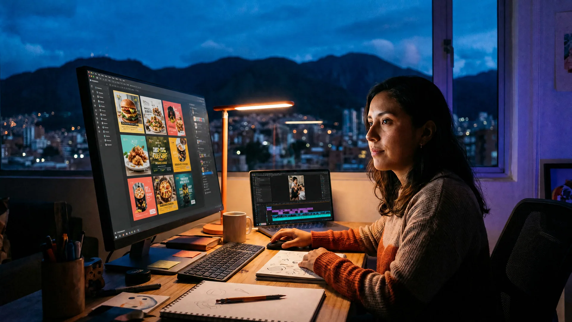 Diseñadora latina creando contenido para redes en su portátil