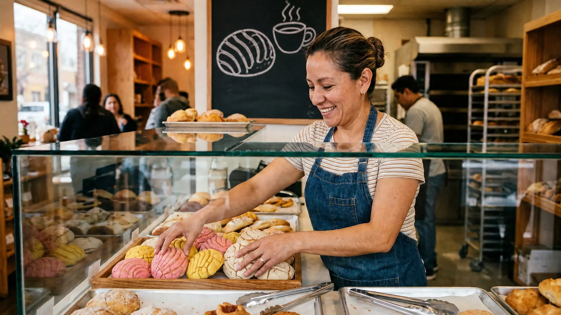 Dueña de una panadería latina acomodando pan dulce en la vitrina