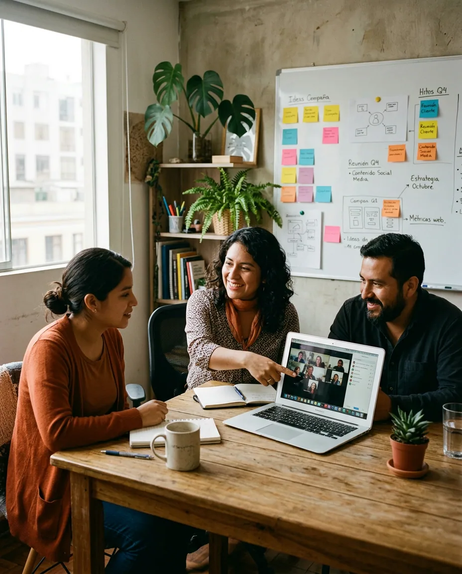 Equipo de una agencia digital latina en videollamada con un cliente