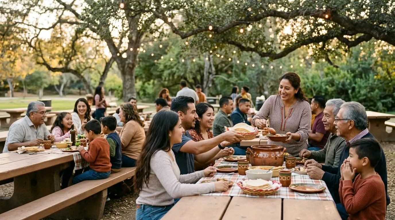 Familias latinas compartiendo comida en un parque al atardecer
