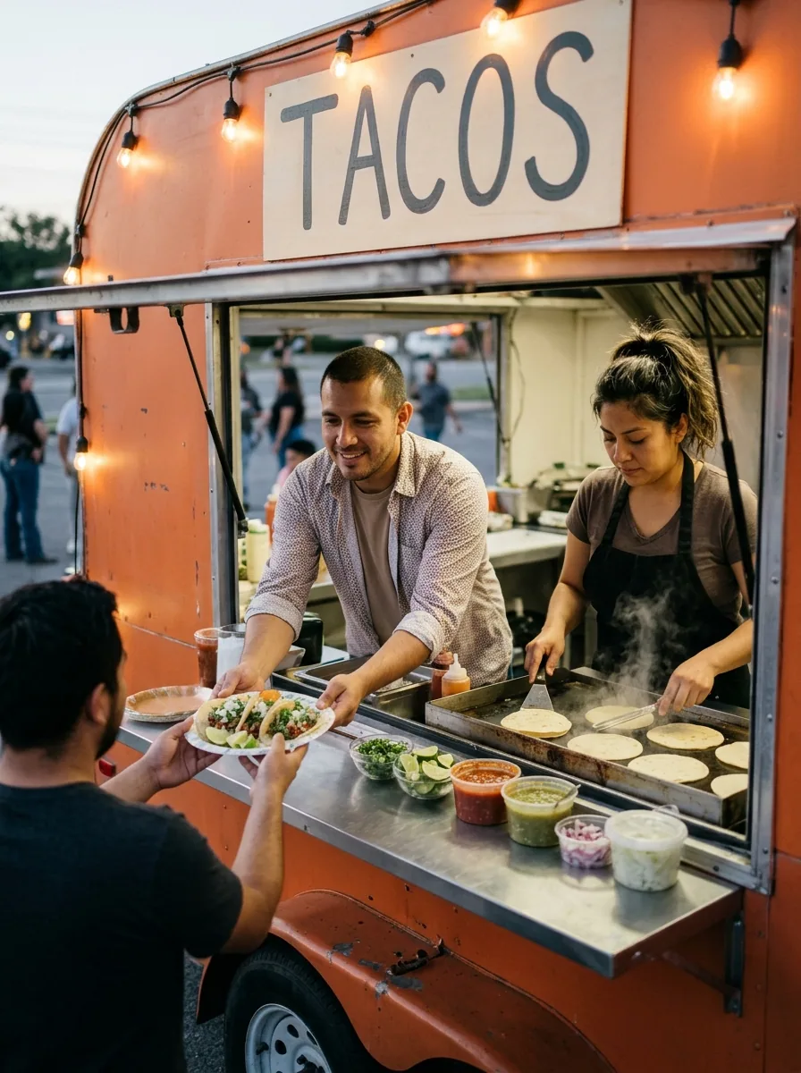 Pareja latina sirviendo tacos desde su food truck