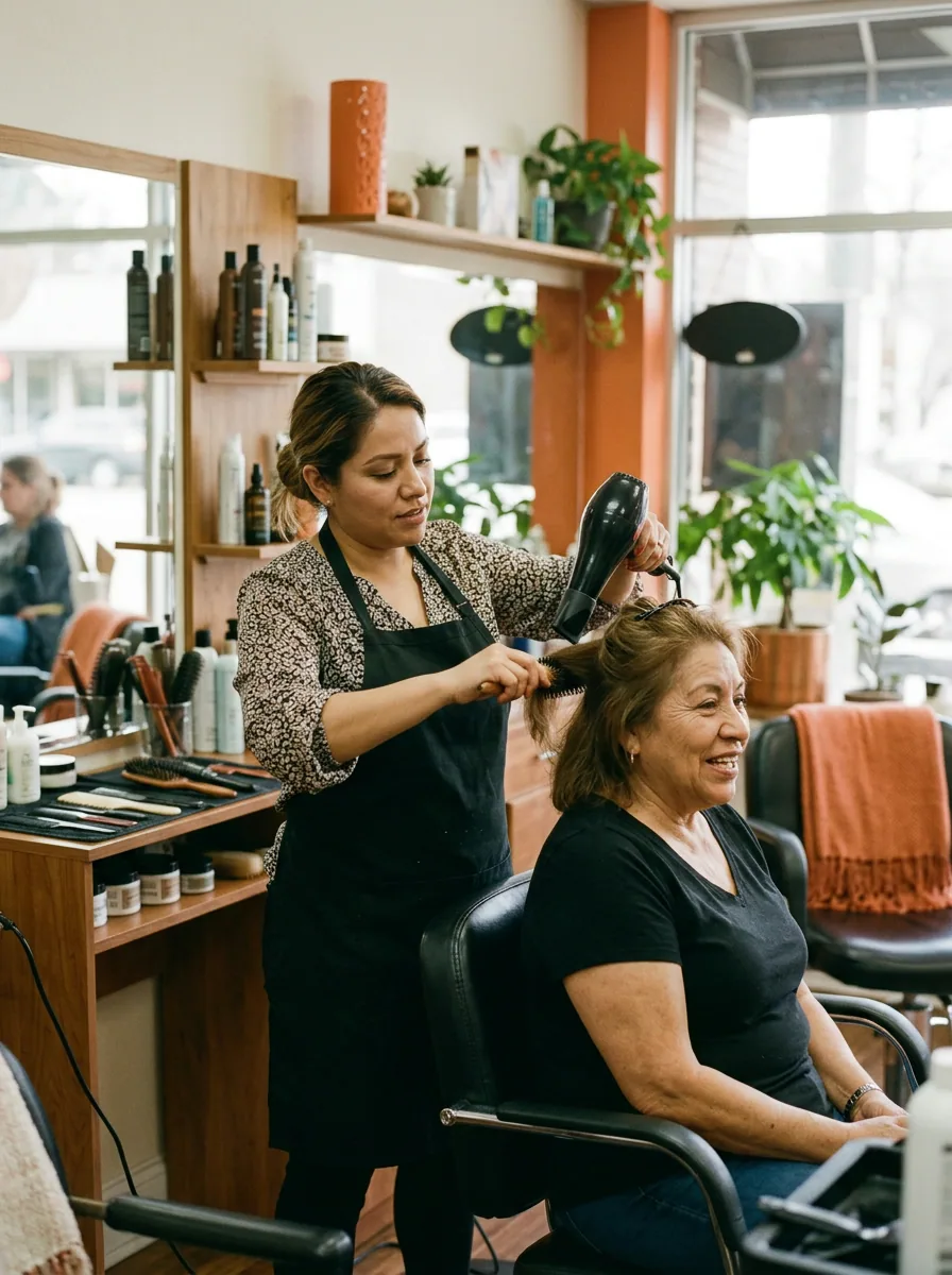 Estilista latina peinando a una clienta en su salón