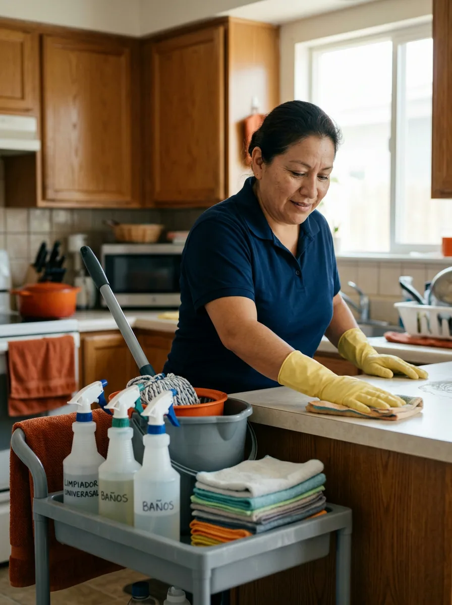 Trabajadora latina de un servicio de limpieza limpiando una cocina