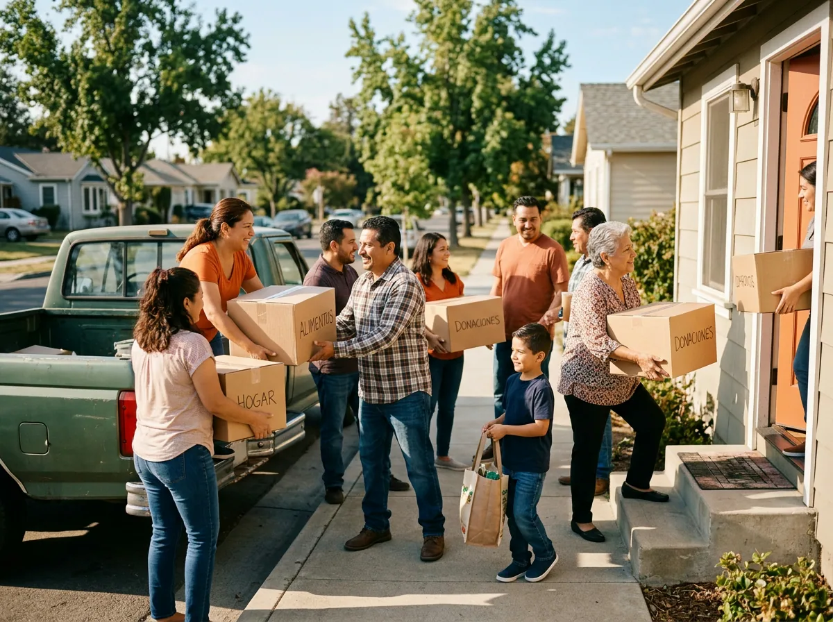 Vecinos latinos ayudando a una familia a llevar cajas de alimentos y donaciones a su casa